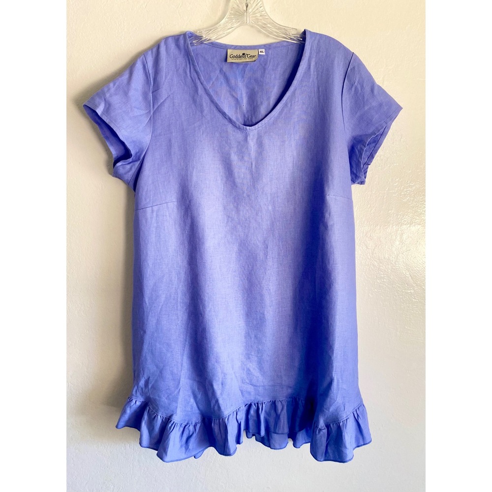 Goddess Gear 100% Organic Linen Dress Ruffle Hem V Neck Casual Periwinkle XL EUC